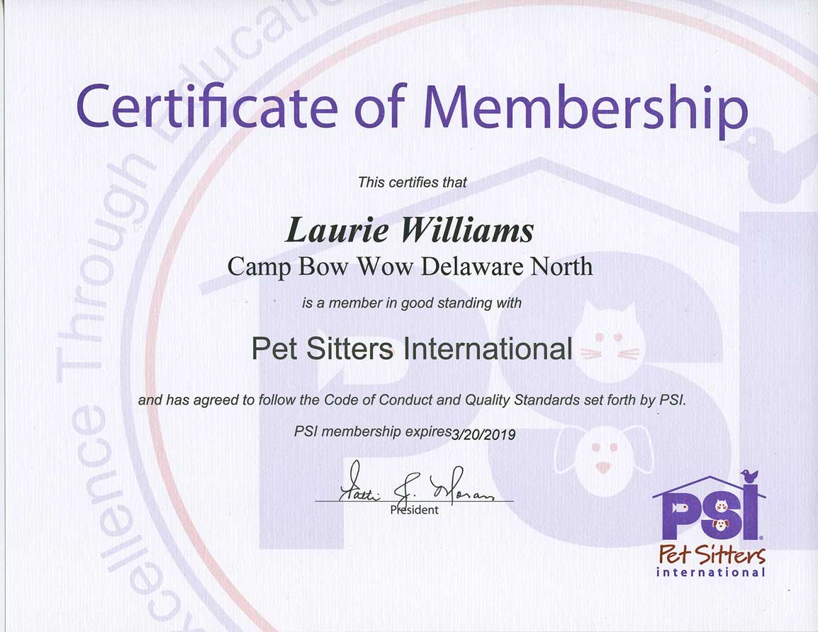 Certificate of Membershop for Lauire Williams is a good standing with Pet Sitter International